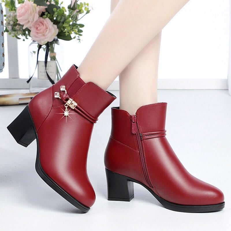 妈妈棉鞋女防滑中跟冬季加绒粗跟鞋子女短靴中老年女士大码皮鞋女1225