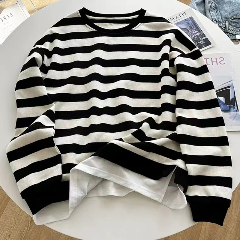 落肩假两件卫衣女春秋宽松ins潮港风chic早秋条纹上衣服莎丞