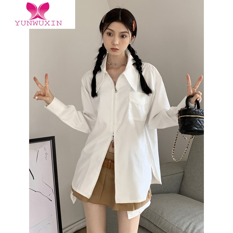 YUNWUXIN白色长袖衬衫女秋装2022年新款设计感小众中长款宽松拉链开衫上衣