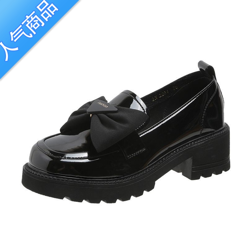 SUNTEK软皮单鞋女厚底2023夏季新款一脚蹬乐福鞋女蝴蝶结漆皮鞋女英伦风高清大图