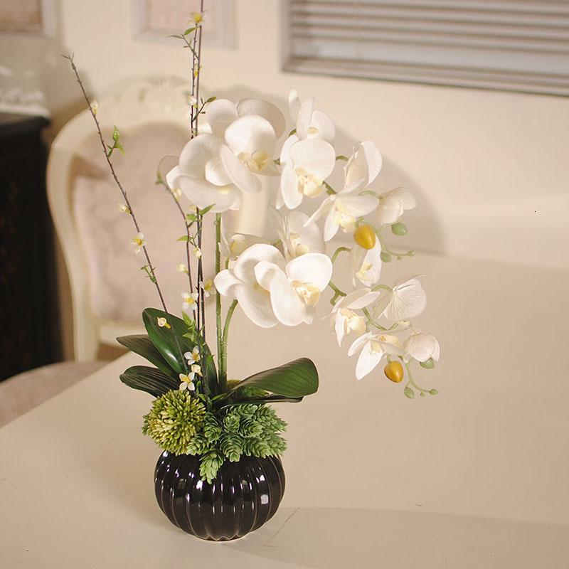 花艺绢花玄关装饰摆设客厅假花摆件仿真花套装蝴蝶兰桌面插花装饰品-紫红色