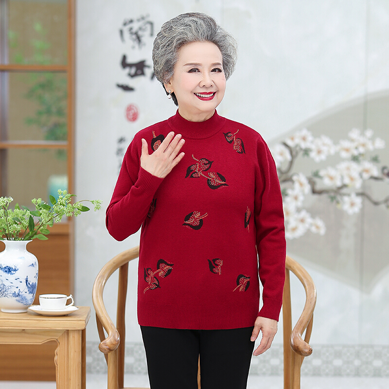 迪鲁奥(DILUAO)妈妈穿的打底毛衣老年大码毛衣女直筒型秋冬奶奶新款2021新款厚打底针织衫外系带 酒红色不加绒 5XL