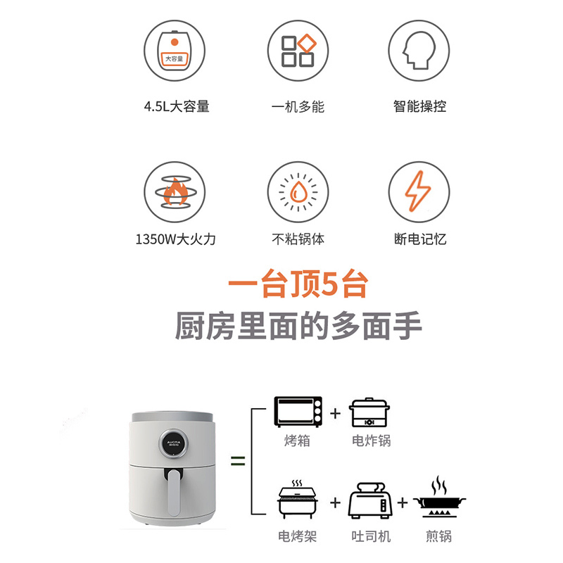 澳柯玛(AUCMA)空气炸锅AKZ-5E002大容量触控数显无油烹炸低脂烘焙炸薯条鸡翅机电子升级款