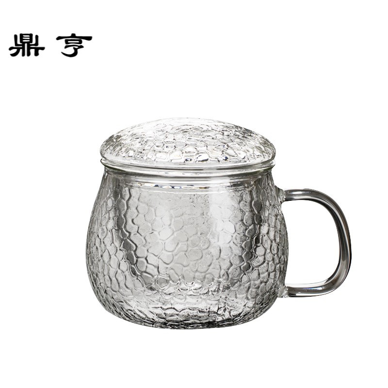 鼎亨玻璃茶具锤纹加厚耐热玻璃过滤办公室大号泡茶杯子带盖花茶茶