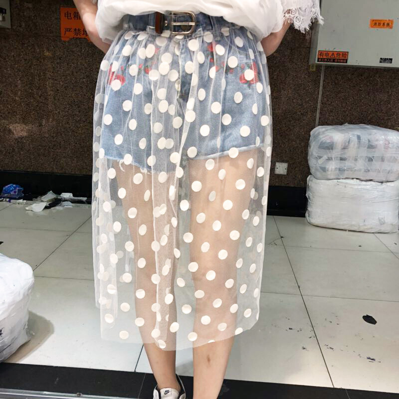 特惠2018夏季波点网纱拼接绣花牛仔短裤女韩版个性chic阔腿热裤子蓝色