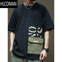HLCOMAN2023新款短袖t恤男装宽松衣服夏季大码胖子男士潮牌口袋印花上衣