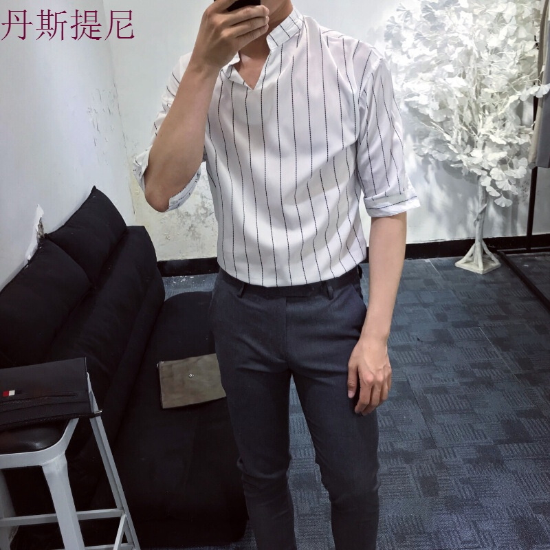 新品简约休闲条纹中袖衬衫男士韩版百搭青年宽松版潮流五分袖衬衣