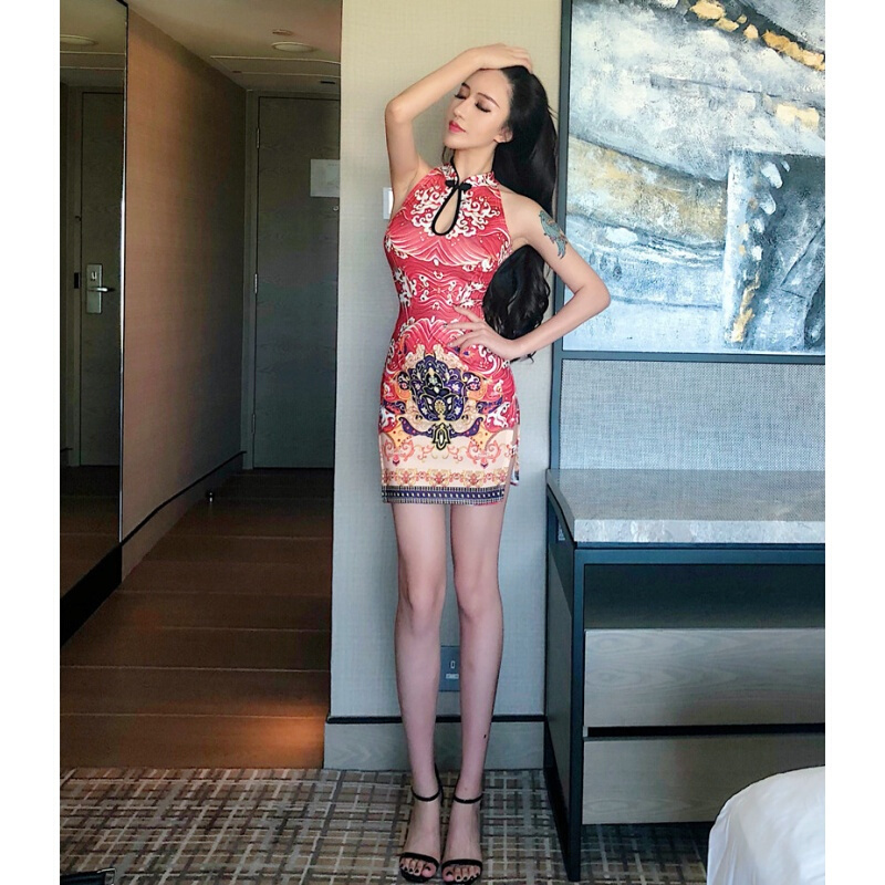 裙子女夏2018名媛复古印花图腾修身镂空显瘦开叉改良旗袍连衣裙潮花色