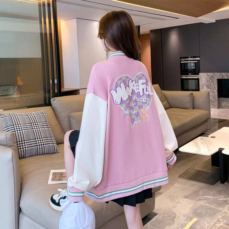 [2.5折价105元]唐狮女短款毛巾绣细节撞色拼接棒球服外套