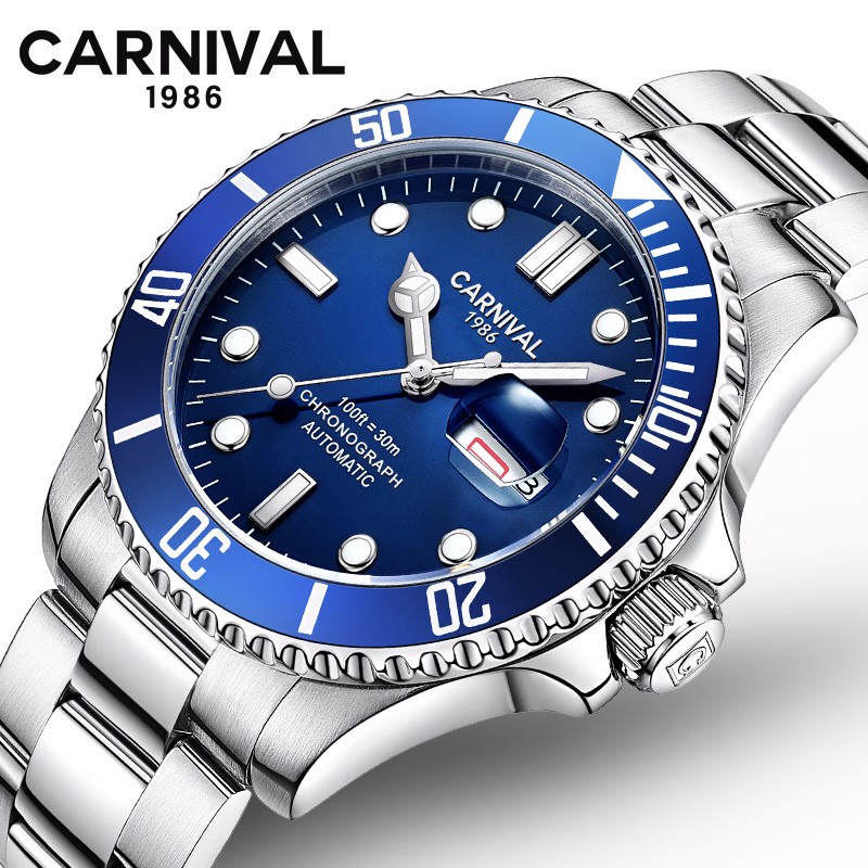 正品嘉年华Carnival手表新款男士全自动机械表 男表休闲双日历夜光水鬼表三锁扣上链表冠商务防水两不误腕表756 水鬼蓝面