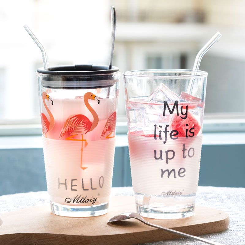 [破损赔]450ML红ins火烈鸟玻璃杯韩版女学生透明果汁杯