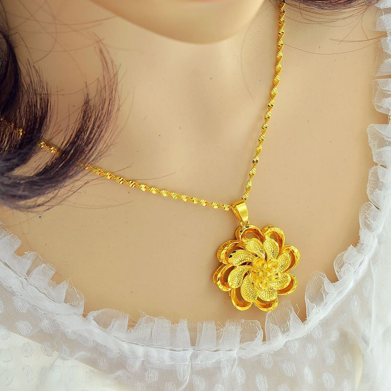 黄铜镀金新娘玫瑰花坠项链女饰品越南沙金链子仿黄金礼物PTHS4525送女朋友七夕情人节礼物