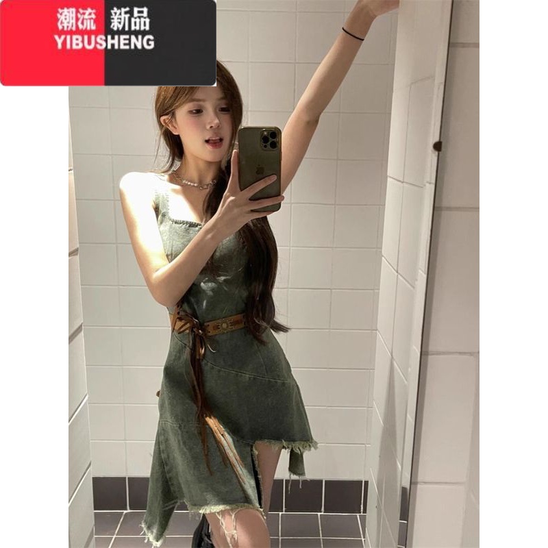 YIBUSHENG复古不规则牛仔背带连衣裙女2024季新款辣妹收腰显瘦短裙子吊带 蓝色 L