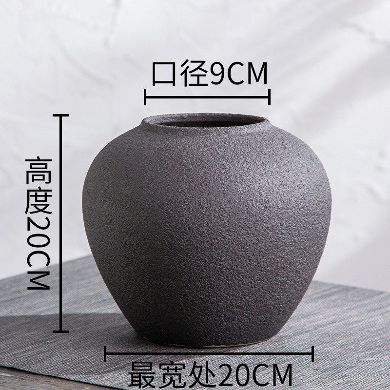 景德镇陶瓷落地花瓶北欧现代简约干花客厅插花装饰摆件复古陶罐盆 三维工匠 气泡黑中号+1支黄色圈圈梅