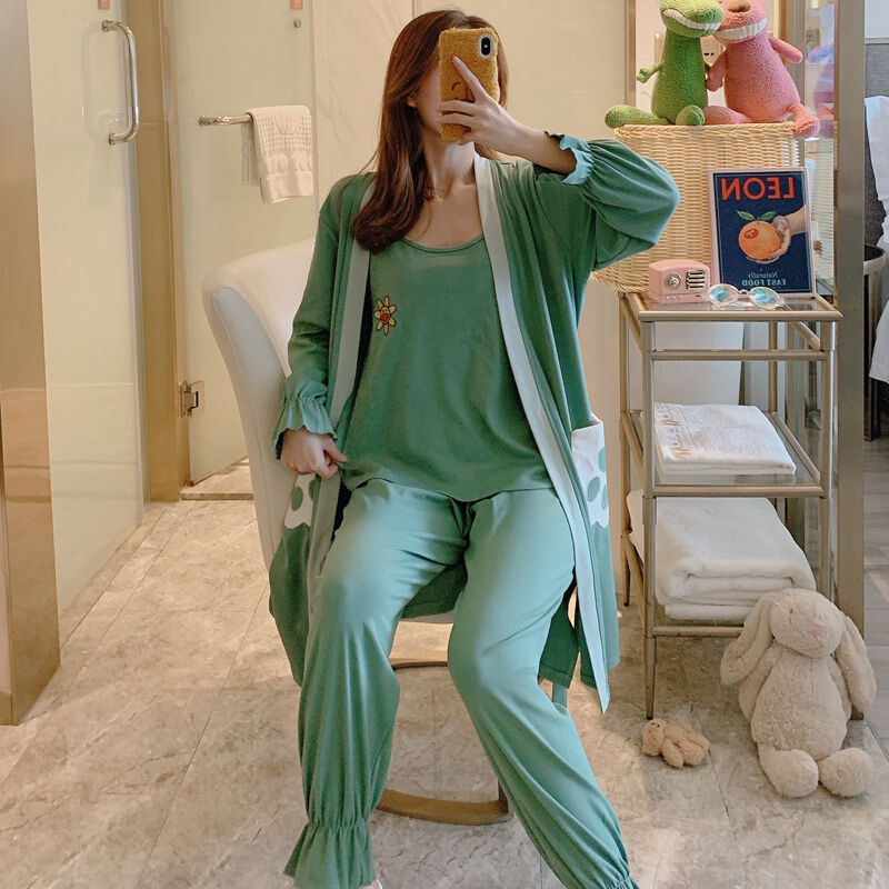 波迷娜(BOMINA)睡衣女春三件套装纯棉睡袍夏天薄款可爱性感休闲服可外穿