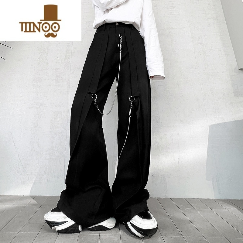 YANXU暗黑系金属链条装饰休闲阔腿裤男设计感时尚直筒长裤西裤拖地高清大图
