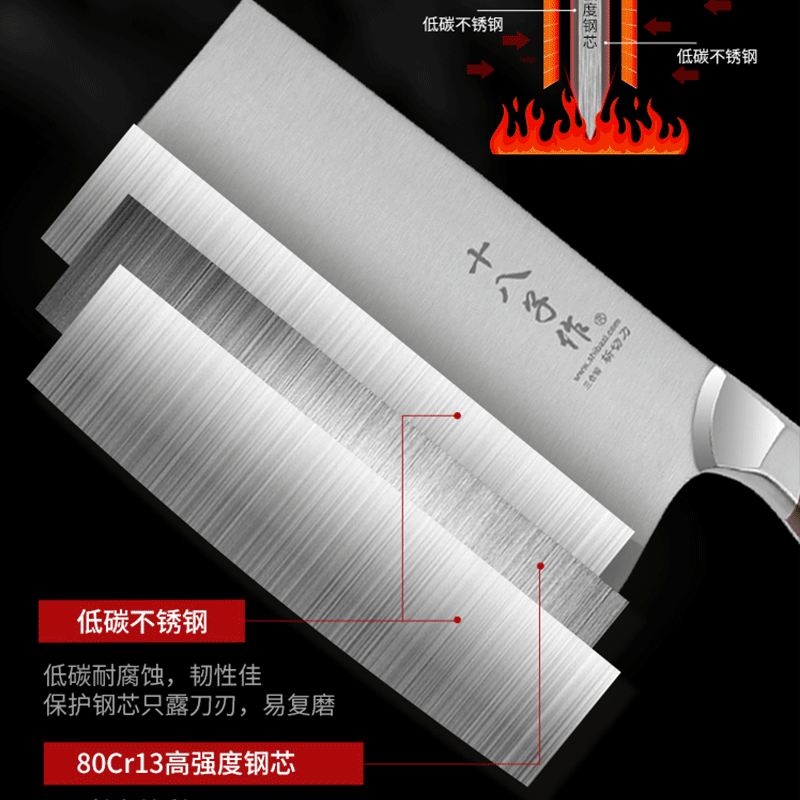 阳江十八子作厨房不锈钢单刀切菜刀刀具 厨房菜刀 复合钢 钢刃切片刀G2001-B