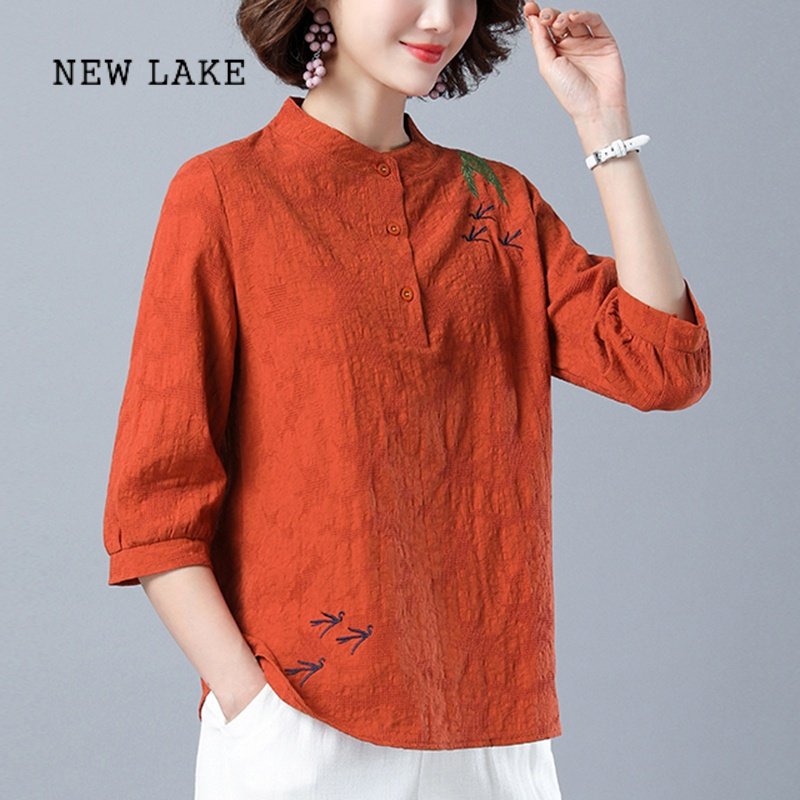 new lake棉麻上衣女士装七分袖t恤中袖中年妈妈短袖小衫夏季2023新款