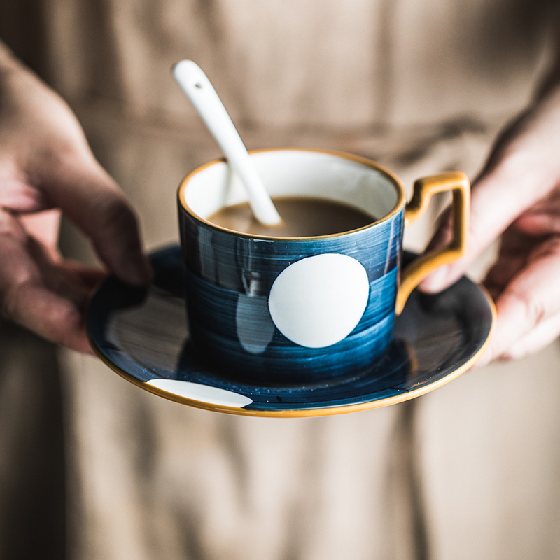 釉下手绘ins风北欧咖啡杯碟套装家用花茶杯下午茶杯碟陶瓷牛奶杯|燕麦杯-火影