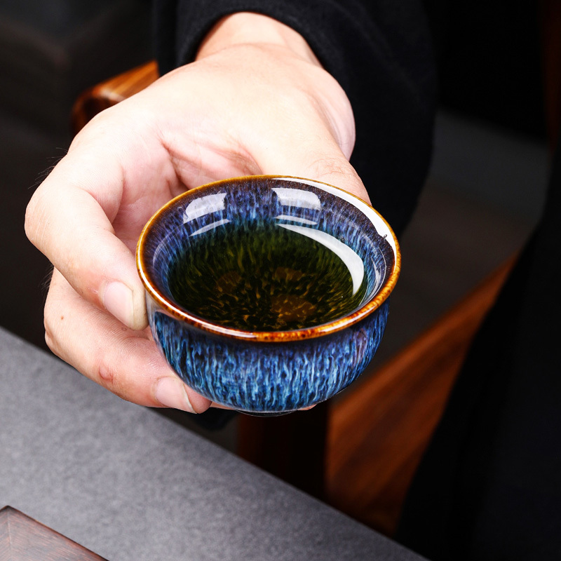 功夫茶具套装家用陶瓷天目窑变泡茶器客厅办公室会客整套 井中月功夫茶具12头(窑变蓝)