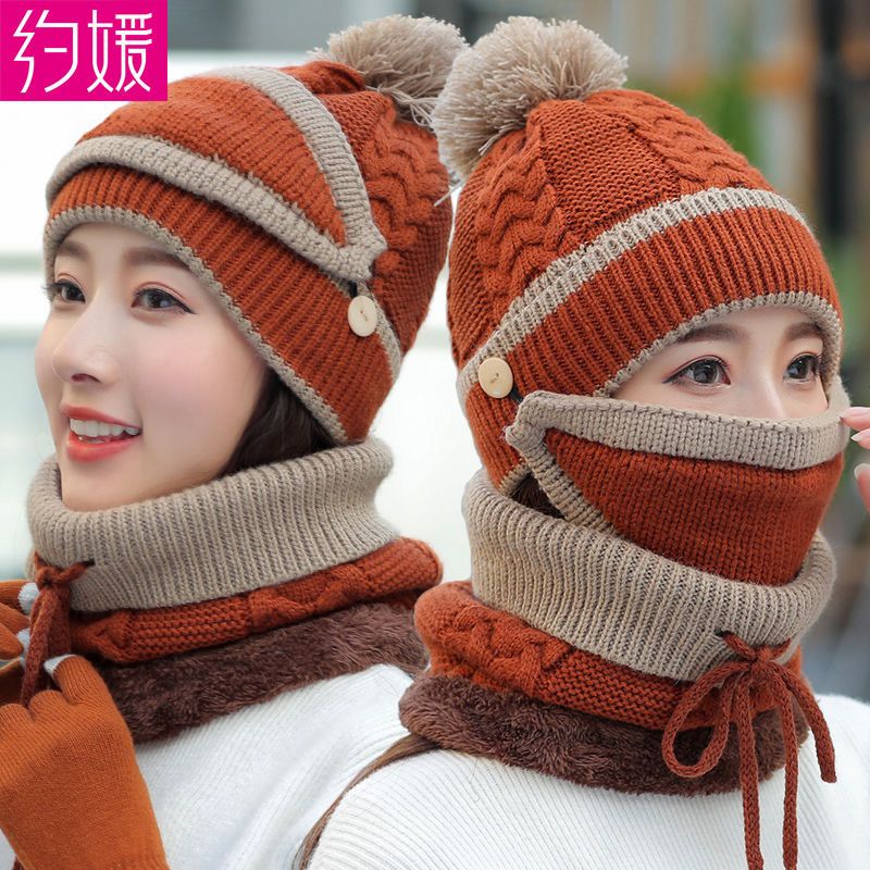 冬天毛线帽子女加绒百搭保暖护耳骑车防风遮脸帽