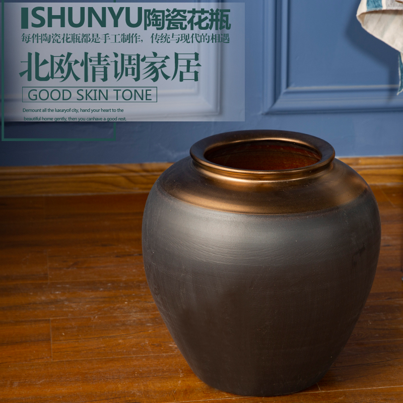 景德镇现代简约陶瓷花瓶客厅家居插花摆件落地陶罐欧式装饰黑金色 三维工匠 高150迎客松往右还是往左方向高清大图