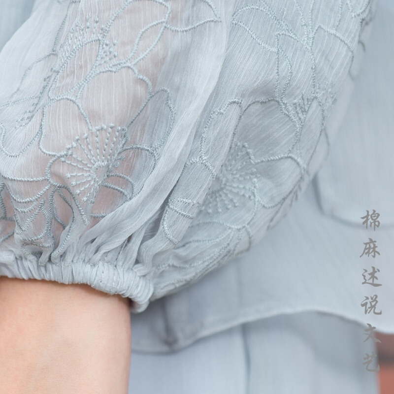 春季新款雪纺衫女装中国风文艺灯笼袖九分袖假两件雪纺衫显瘦上衣
