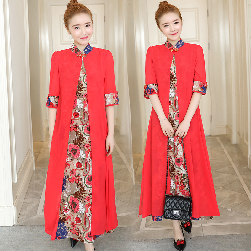 2018春装新款大码女装民族风印花拼接连衣裙假两件胖妹妹mm中长款