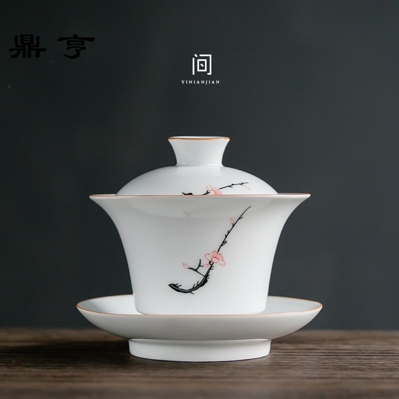 鼎亨手绘梅花盖碗茶杯陶瓷功夫茶具三才碗釉下彩薄胎白瓷泡茶碗敬