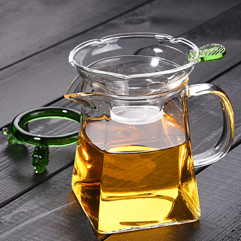 功夫茶具加厚公道杯耐热高温玻璃带茶漏茶海四方公杯过滤茶器-加厚方形360毫升(配玻璃龙把过滤)