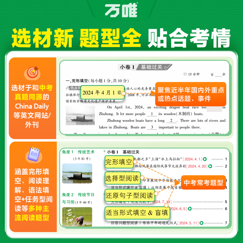 英语时文阅读大小卷 八年级 [正版]2025新版万唯英语时文阅读八年级阅读大小卷初中英语完形填空与阅读理解组合训练万唯教