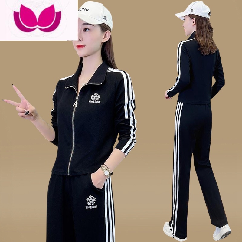 七斓休闲时尚显瘦长袖运动服套装2023新款气质立领套卫衣女装 M 黑色套装