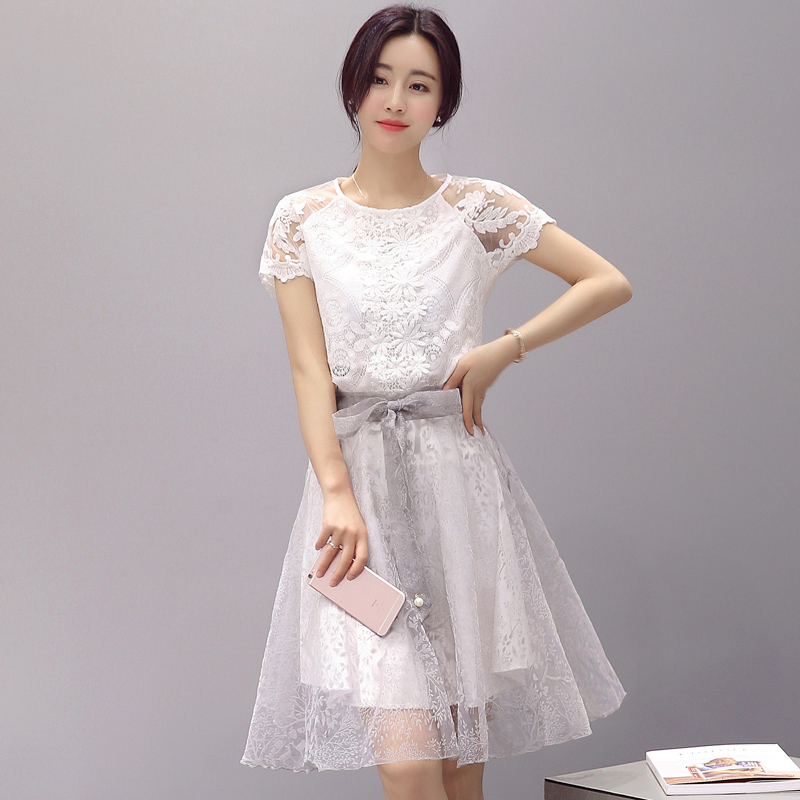 显瘦夏装新品韩版时尚显瘦时髦网纱套装裙百褶蕾丝连衣裙