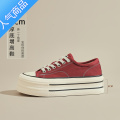 SUNTEK帆布鞋女2023夏季新款透气女鞋松糕厚底增高黑色圆头百搭休闲板鞋 红色 37