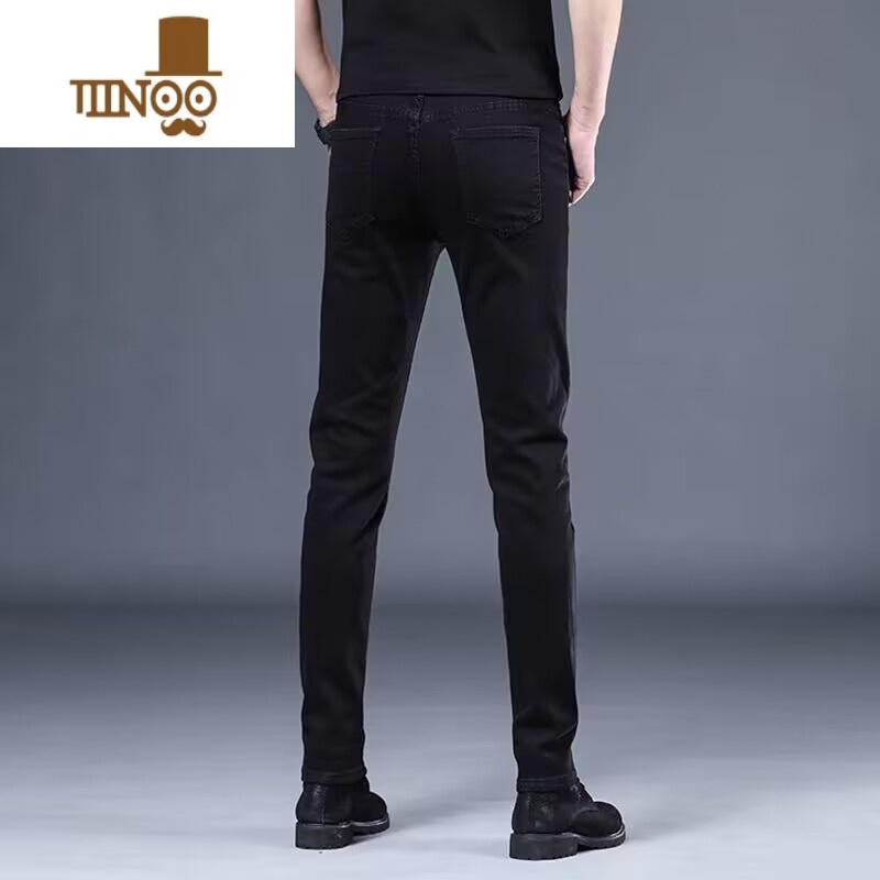 YANXU2023夏季水洗高端纯黑色牛仔裤男修身小脚韩版弹力休闲长裤韩高清大图