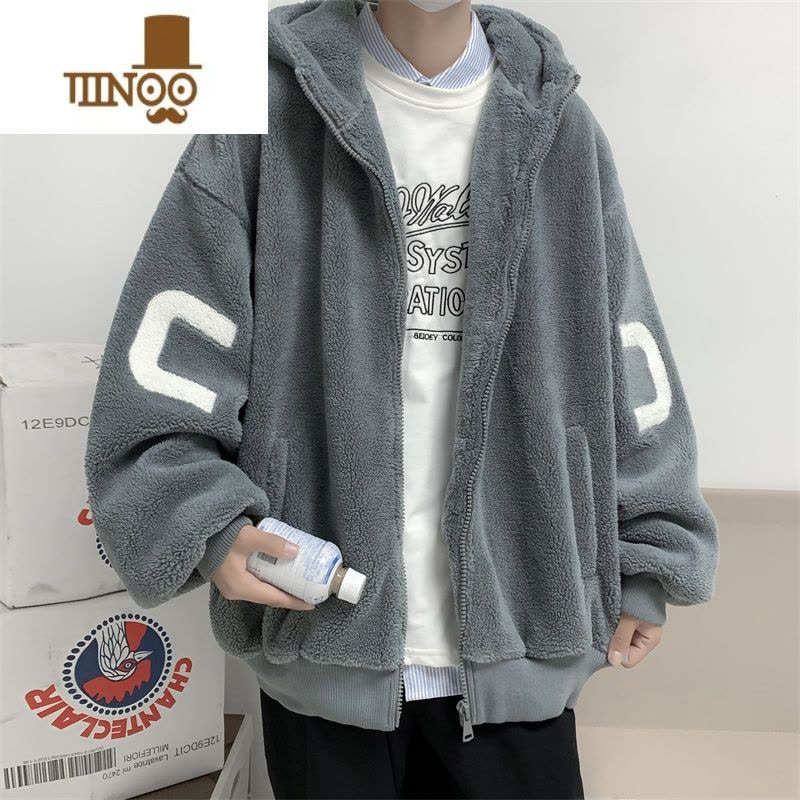 YANXU连帽羔绒外套男高街嘻哈宽松oversize休闲开衫棉衣夹克图片