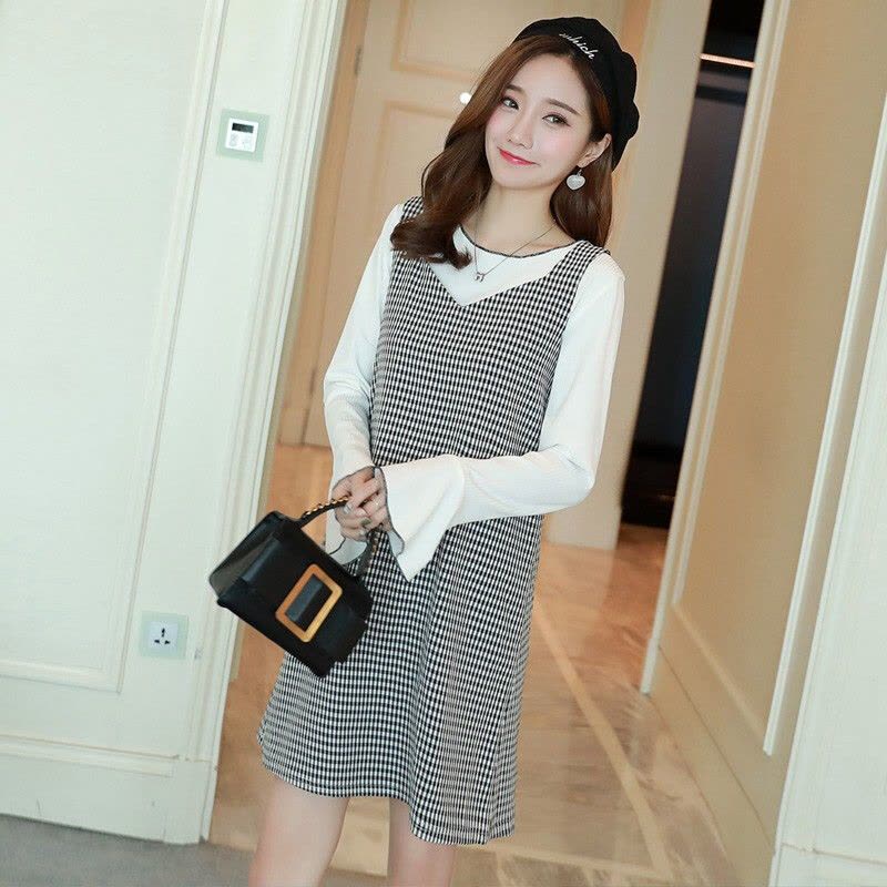 迪鲁奥(DILUAO)孕妇装2021秋冬新款千鸟格孕妇裙两件套喇叭袖孕妇装图片