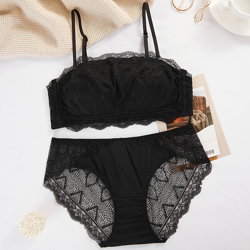 恋名媛超薄款裹胸内衣女无钢圈抹胸式防走光黑色蕾丝文胸罩套装夏天