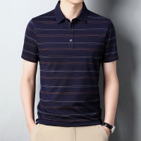 专柜大牌夏季桑蚕丝短袖T恤男翻领条纹真丝Polo衫商务休闲 175/XL130-150斤穿 上青