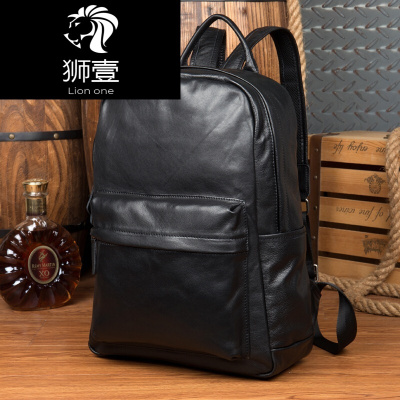 狮壹(Lion one)休闲真皮背包 商务学生书包男头层牛皮双肩包电脑包旅行包 黑色