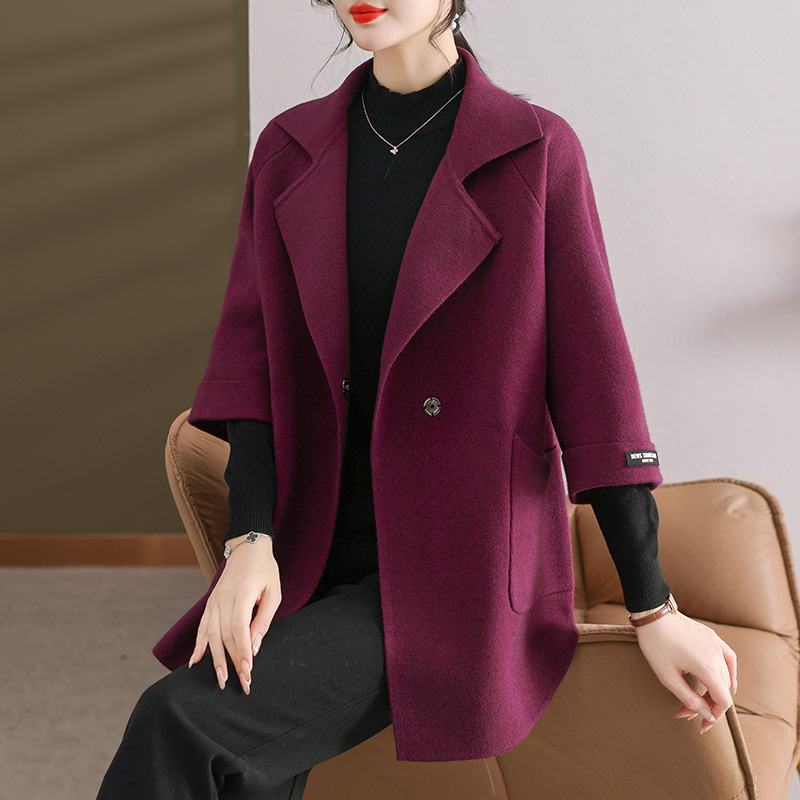恒源祥妈妈秋冬装羊毛呢外套中长款中老年女装2024新款洋气大风衣 M推荐90-105斤 酒红色