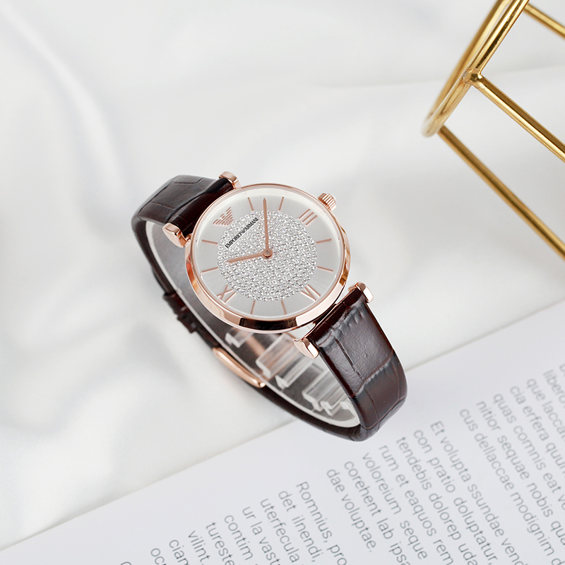 官方正品阿玛尼emporioarmani满天星手表皮质表带圆形石英表女防水