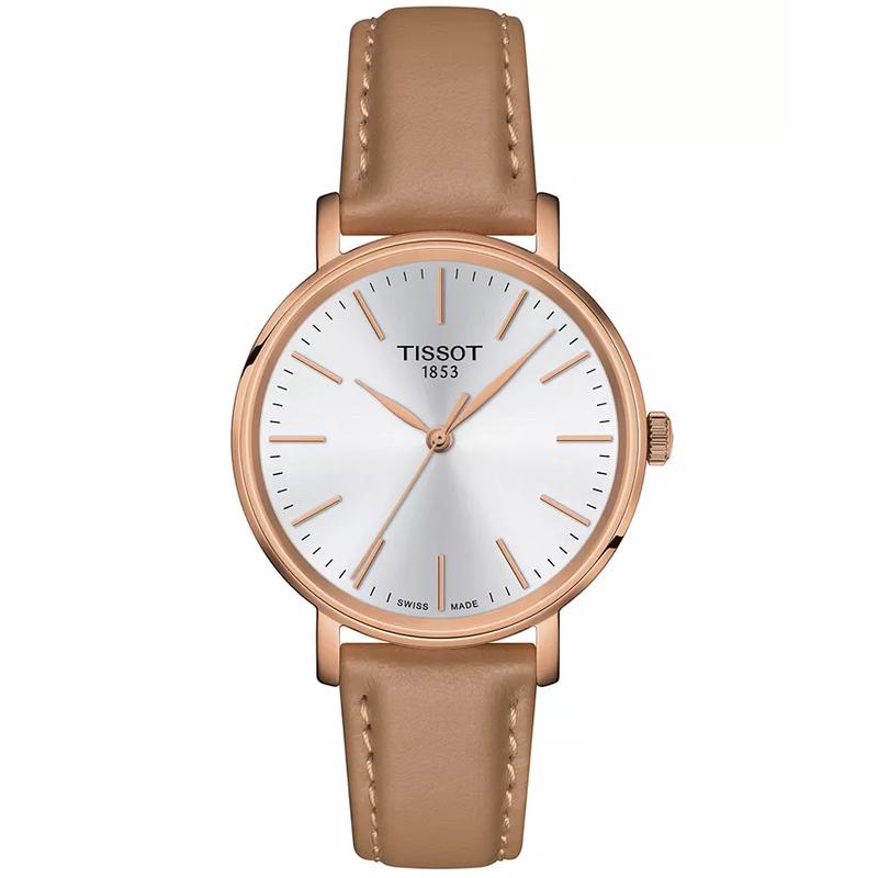 天梭(TISSOT)女士瑞士石英手表玫瑰金表壳真皮表带白色防水34mm