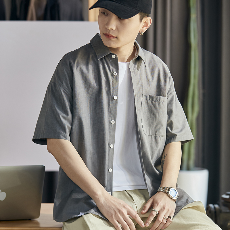 [2.5折价66元]唐狮夏季新款短袖衬衫男纯色系百搭休闲宽松日系衬衣男士外套