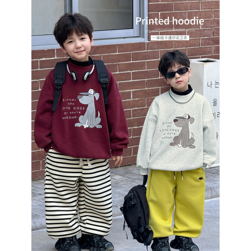 童酷儿童冬款湖州织里童装可爱小狗印花一体绒圆领男童卫衣潮