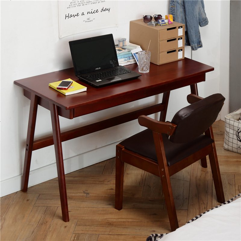 书桌 实木书桌学生写字桌家用小户型办公桌日式带抽屉写字台现代简约台式笔记本 140cm*60cm*75cm双抽屉_胡桃色+凳子