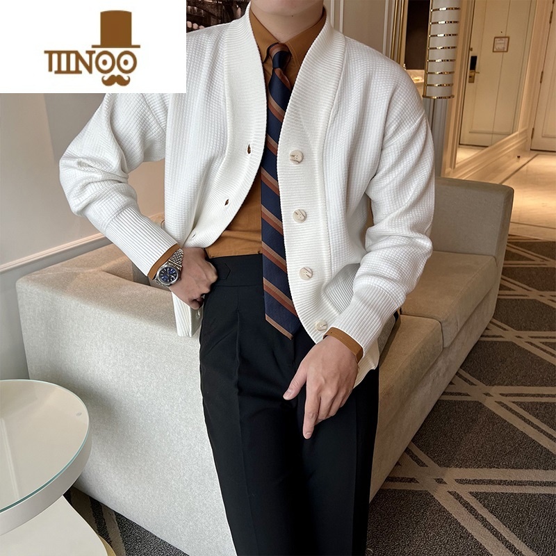 YANXU新款V领开衫男 英伦商务复古针织衫韩版个性纯色休闲毛衣外毛高清大图