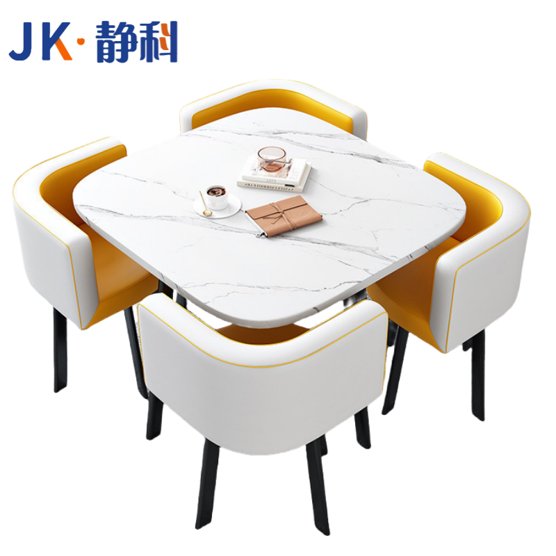 静科方桌洽谈桌80*80*75cm+4把椅黄拼白套高清大图