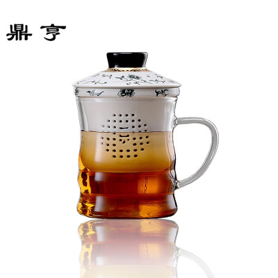 鼎亨杯玻璃花茶杯带盖礼品茶具杯卡通可爱富贵金莲竹韵过滤