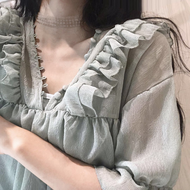 韩风 甜美荷叶边V领雪纺衫女短袖高腰宽松娃娃衫上衣夏 绿色(配带) 均码